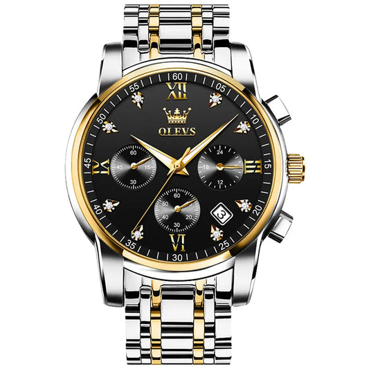 OLEVS Men Watch 2858 Black Dial Silver Gold Strap