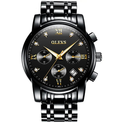 OLEVS Men Watch 2858 Black Dial Silver Gold Strap