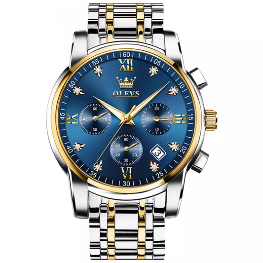 OLEVS Men Watch 2858 Blue Dial Silver Gold Strap