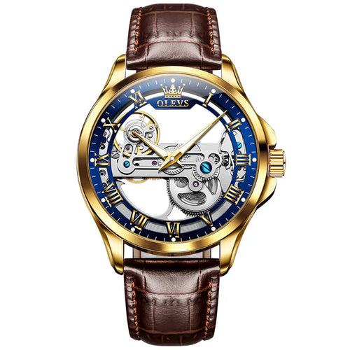 Men Watch OLEVS 6661 Transparent Automatic Mechanical Watch Brown Blue