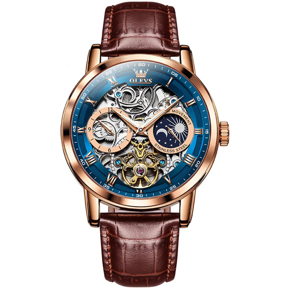 Men Watch OLEVS 6670 Luxury Skeleton Automatic Mechanical Watch Blue