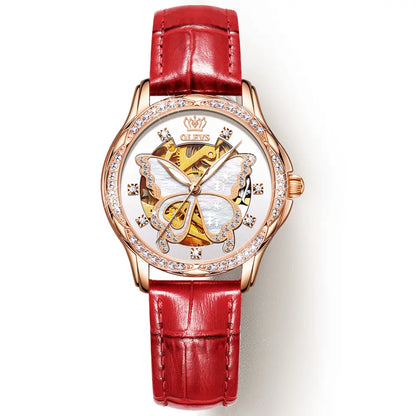 OLEVS Lady's Butterfly II Red - Leather strap