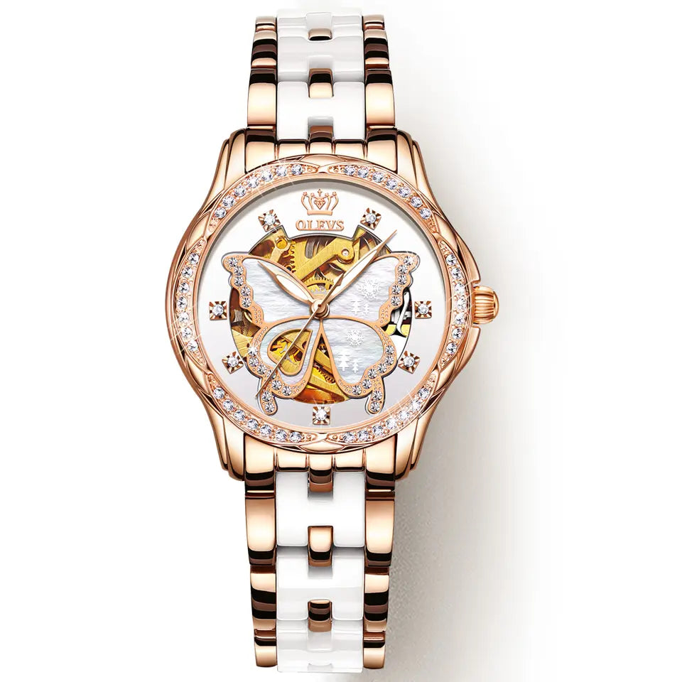 OLEVS Lady's Butterfly II White - Leather strap