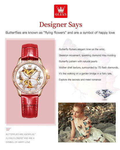 OLEVS Lady's Butterfly II Red - Leather strap