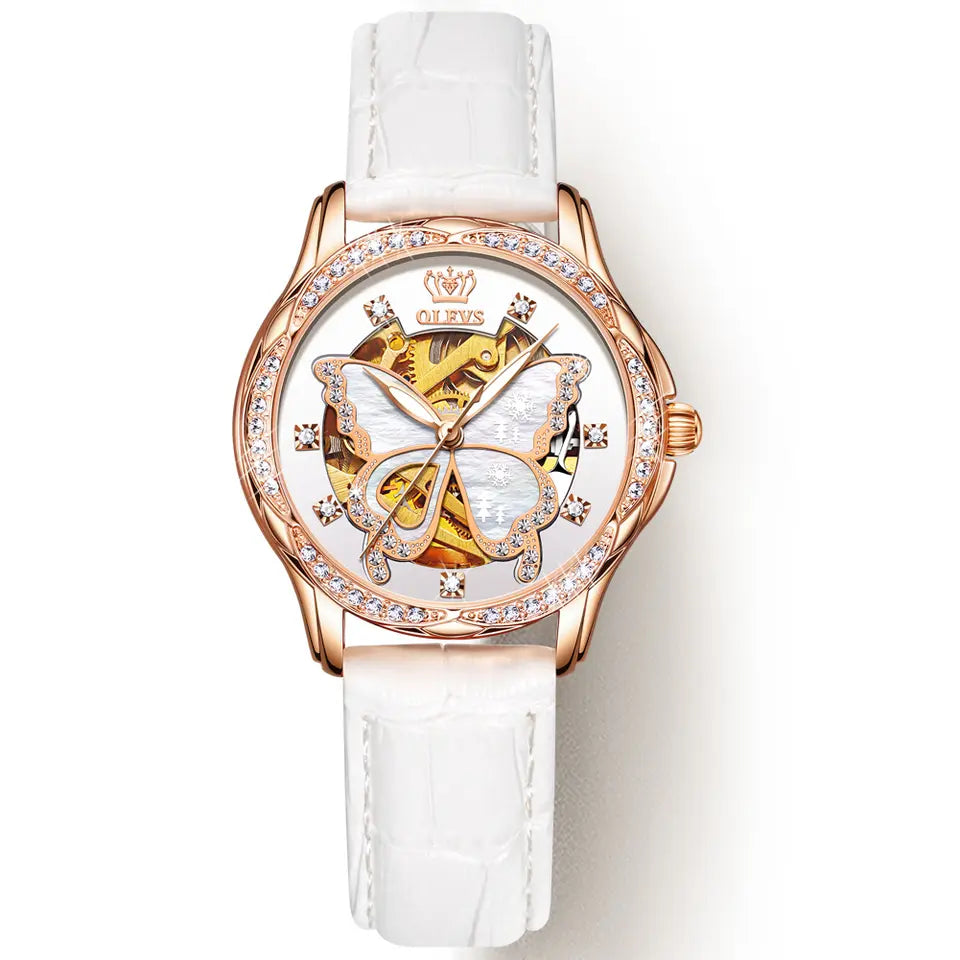 OLEVS Lady's Butterfly II White - Leather strap