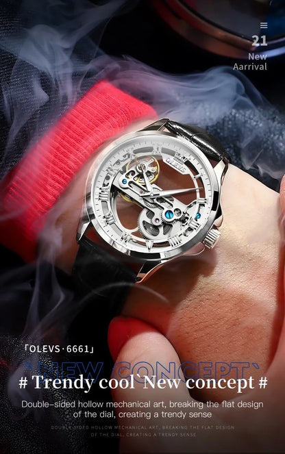 Men Watch OLEVS 6661 Transparent Automatic Mechanical Watch Silver