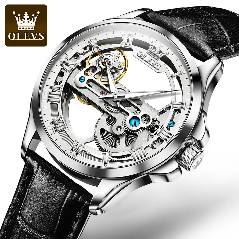 Men Watch OLEVS 6661 Transparent Automatic Mechanical Watch Brown Blue