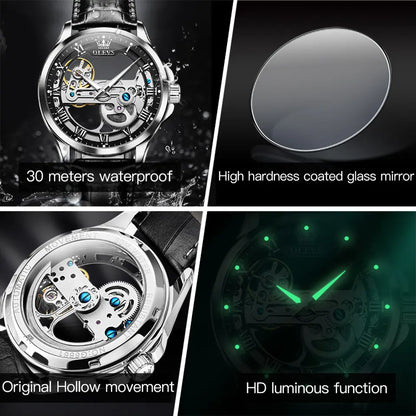 Men Watch OLEVS 6661 Transparent Automatic Mechanical Watch Silver