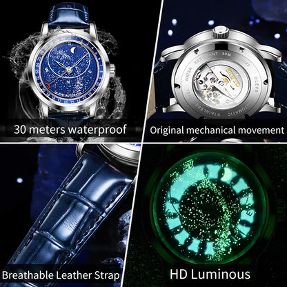 Men Watch OLEVS 9923 Universe Design Automatic Mechanical Watch Silver Blue