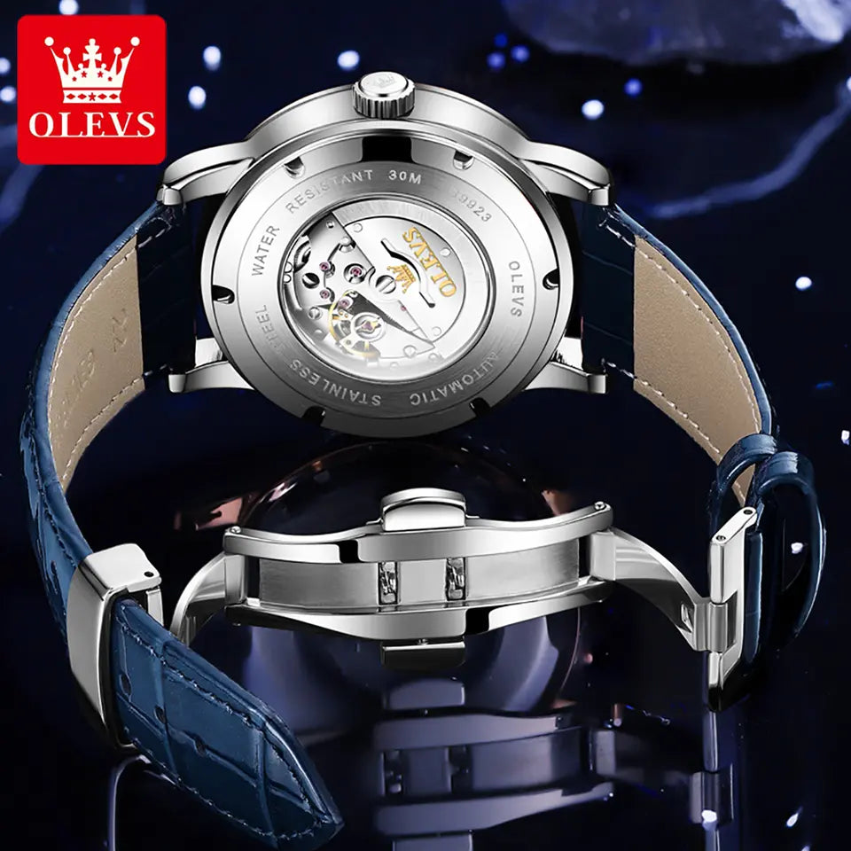 Men Watch OLEVS 9923 Universe Design Automatic Mechanical Watch Silver Blue